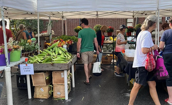 Community farmers market with produce stalls People shopping at an outdoor farmers market with fresh produce on display